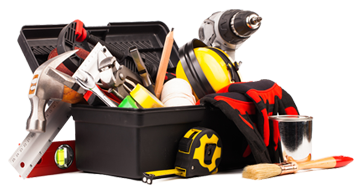 Werkzeugkoffer mit Bohrmaschine, Hammer, Zollstock und Handschuhen